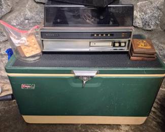 Large Vintage Coleman Cooler, Vintage Turntable with 8-Track player.