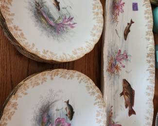 Set of Gorgeous Antique Limoges Porcelain Fish Plates and Platter