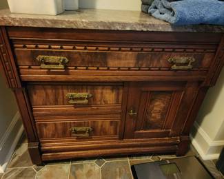 Antique Eastlake Walnut Wash Stand with Marble Top