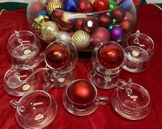 184 - Large Glass Punch Bowl with Cups and Ornaments