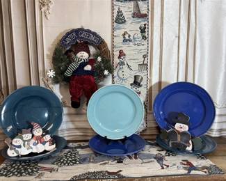 Lot 64: Blue Italian Pottery Plates & Snowmen - Lot of 11