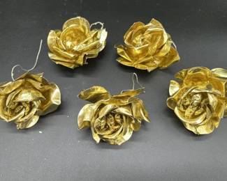 256 - RARE 1950's Gold Foil Rose Ornaments- Lot of 5