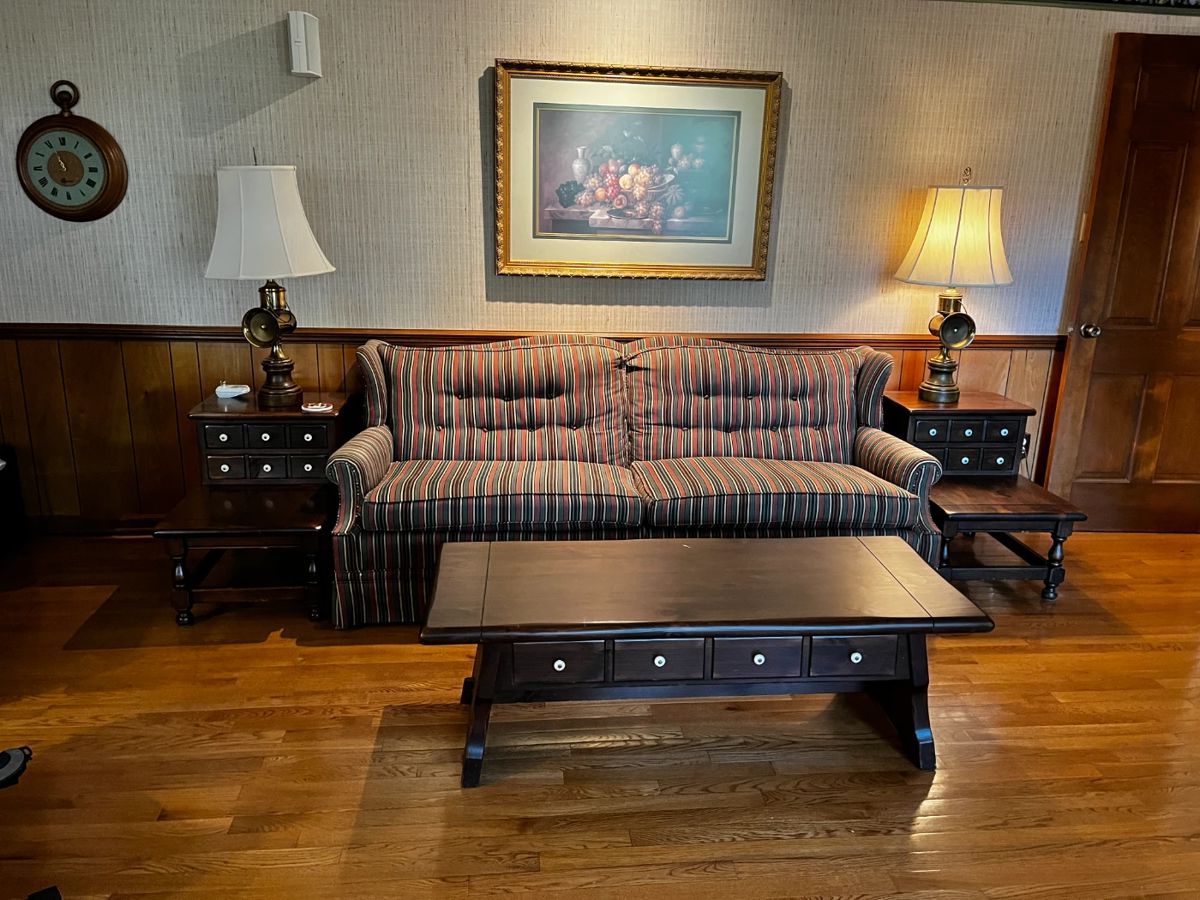 #1	Blue rose strip sofa button back 80 long	 $35.00 			
#2	Ethan Allen end table with 2 drawers pair  - 20x29x24	 $150.00 			
#3	Ethan allen coffee table with 2 drawers - 53x21x17	 $75.00 			
