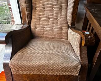 #166	antique oak upholstered button back rocker 	 $45.00 			
