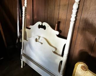 #187	whited painted single 4 post bed 	 $50.00 			
