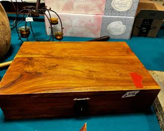 #212	wood handmade box with black hammer hardware  20x13x5	 $100.00 			
