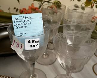 #131	Tiffan Fanciscan Water/Wine Glasses - set of 6 w/clear etching	 $30.00 			
