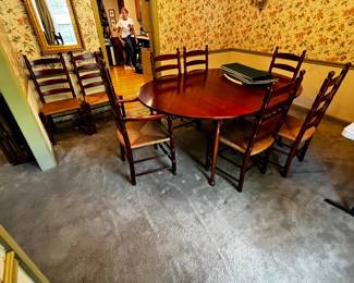 #29	Cherry Wood Drop Dining Table w/2 leaves & 8 Chairs (and 1 captains Chair) - 24-72x54x29 w/table pads	 $320.00 			
