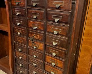 #203	30 drawer locking card cataloged wood cabinet as is knobs 35x16x58	 $300.00 			
