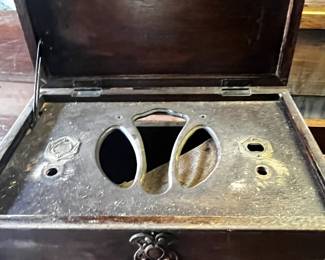 #169	old radio wood small trunk with slot in back, carved edge 13x9x8	 $30.00 			
