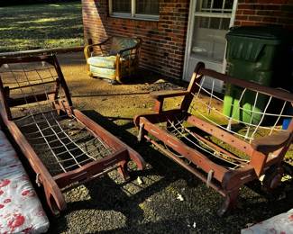 #231		2 piece redwood patio old set with rope as is seat and back with old cushions 	 $175.00 			
