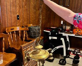 #218	brass chandler with 3 lights vintage	 $30.00 			
