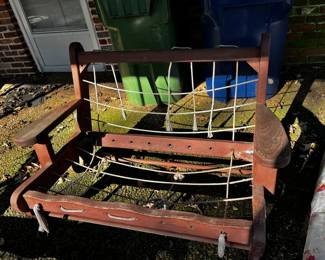 #231		2 piece redwood patio old set with rope as is seat and back with old cushions 	 $175.00 			
