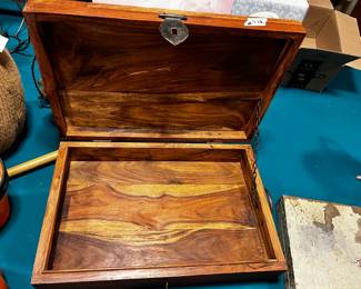#212	wood handmade box with black hammer hardware  20x13x5	 $100.00 			
