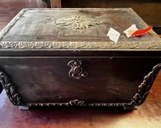 #169	old radio wood small trunk with slot in back, carved edge 13x9x8	 $30.00 			
