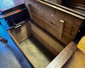 #168	wood bench with trunk and back made of oak missing bottom of trunk 36x18xsh19	 $125.00 			
