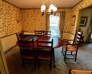 #29	Cherry Wood Drop Dining Table w/2 leaves & 8 Chairs (and 1 captains Chair) - 24-72x54x29 w/table pads	 $320.00 			
