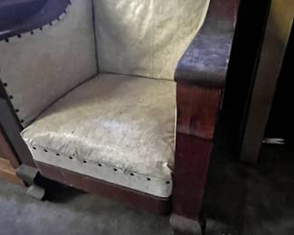 #189	white vinyl nail head wood chair as is 	 $40.00 			
