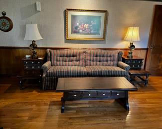 #1	Blue rose strip sofa button back 80 long	 $35.00 			
#2	Ethan Allen end table with 2 drawers pair  - 20x29x24	 $150.00 			
#3	Ethan allen coffee table with 2 drawers - 53x21x17	 $75.00 			
