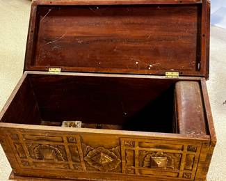 #216	wood small trunk carving top drawer on inside 30x13x17	 $65.00 			
