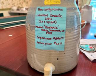 #154		J.Gallon Ceramic urn with lid  Marked Pankratz Pottery Monument, CO1995	 $50.00 			
