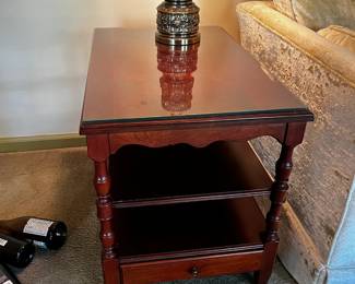 #21	Wood End Table w/1 drawer & 1 Shelf - 18x28x22 w/glass protect - sold as a pair	 $150.00 			
