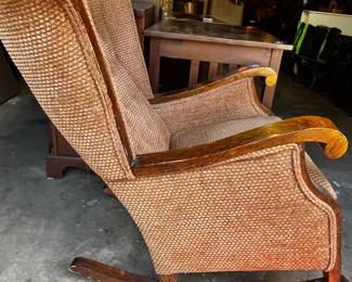 #166	antique oak upholstered button back rocker 	 $45.00 			
