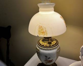 #41	Ceramic and Brass Globe Lamp w/birds Painting on it (as is birds painting coming off) -24" Tall	 $30.00 			
