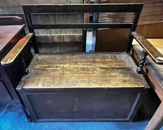 #168	wood bench with trunk and back made of oak missing bottom of trunk 36x18xsh19	 $125.00 			
