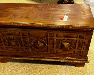 #216	wood small trunk carving top drawer on inside 30x13x17	 $65.00 			
