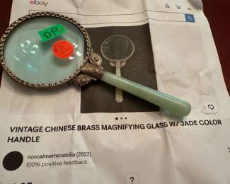 #155		Vintage Chinese Brass Magnifying glass w/ jade color handle	 $35.00 			
