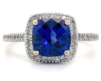 NEW! 0.15 Carat Cushion Cut Blue Sapphire & Natural Diamond Halo Ring in 14k Gold