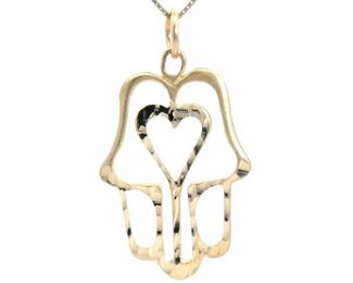 Filigree Diamond-Cut Heart Hamsa Hand Pendant in 14k Yellow Gold
