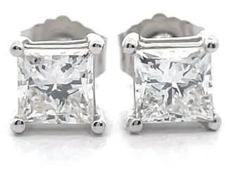 1 Carat Princess Diamond Solitaire Stud Earrings in 14k White Gold