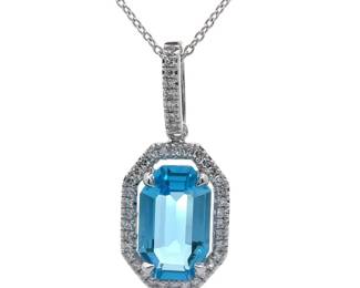 2.15 Carat Blue Topaz & Natural Diamond Art Deco Pendant Necklace in 14k White Gold