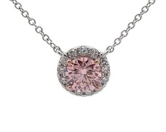 0.50 Carat Fancy Pink & White Diamond Halo Necklace in 14k Gold