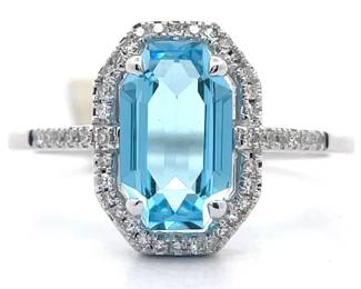 2.15 Carat Blue Topaz & Natural Diamond Art Deco Ring in 14k White Gold