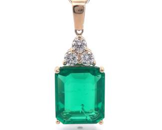 8.45 Carat Emerald & Diamond Pendant Necklace in 14k Yellow Gold