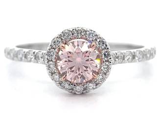 0.91 Carat Fancy Pink & Pavé White Diamond Halo Ring in 14k Gold