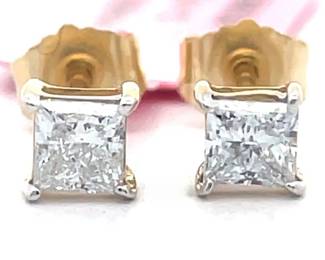 0.50 Carat Princess Diamond Solitaire Stud Earrings in 14k Yellow Gold
