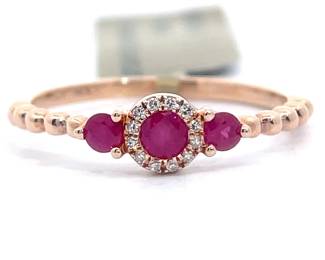 0.29 Carat Natural Ruby & Diamond Three-Stone Ring in 14k Rose Gold