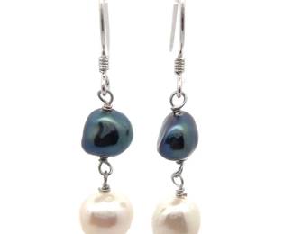 NEW! Black & White Double Freshwater Pearl Dangle Earrings