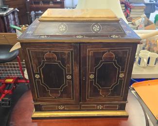 Cabinet of Curiosities. Olantigh Towers, Kent England c 1870. From the estate of J.S.W.S Erle- Drax, MP. This Cabinet of Curiosities survived the 1903 fire which destroyed the estate. Ebonized wood with bone inlay and semi-precious stones.