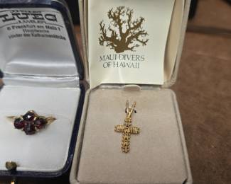 14k gold ring with gemstones and cross necklace from Maui divers of Hawaii