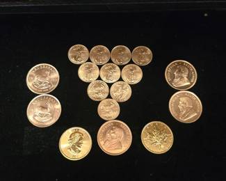 GOLD!!! 1 oz south African Krugerrands, 1oz candian Maples, 1/4 oz American eagles .10 1 gram assay bars Gold is up and so is silver and they say its not going to stop get it now while you still can!!!