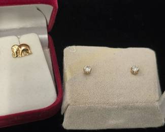14k gold diamond studs and gold elephants
