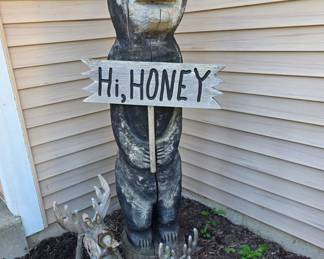 Large weathered 59" tall wood bear statue & moose set