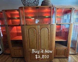 Gorgeous 5pc oak entertainment/curio unit. Buy it Now $2,800. Can display all together or break the pieces up. Dimensions will be added.
