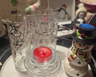 Crate & Barrel glasses, snowman candle