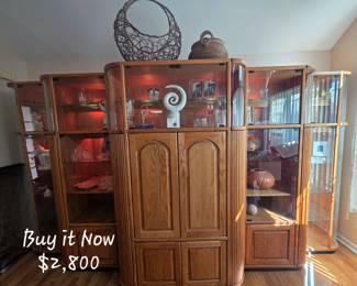 Gorgeous 5pc oak entertainment/curio unit. Buy it Now $2,800. Can display all together or break the pieces up. Dimensions will be added.